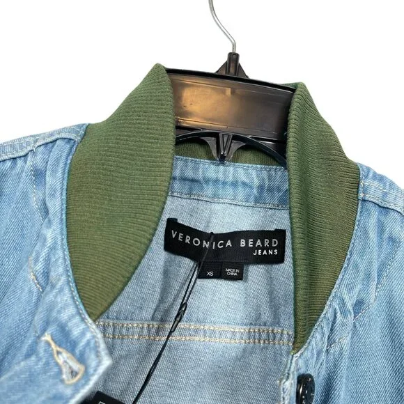 Veronica Beard Emelia Combo Jacket Size XS Denim Blue Green Puff Sleeve Ribbed